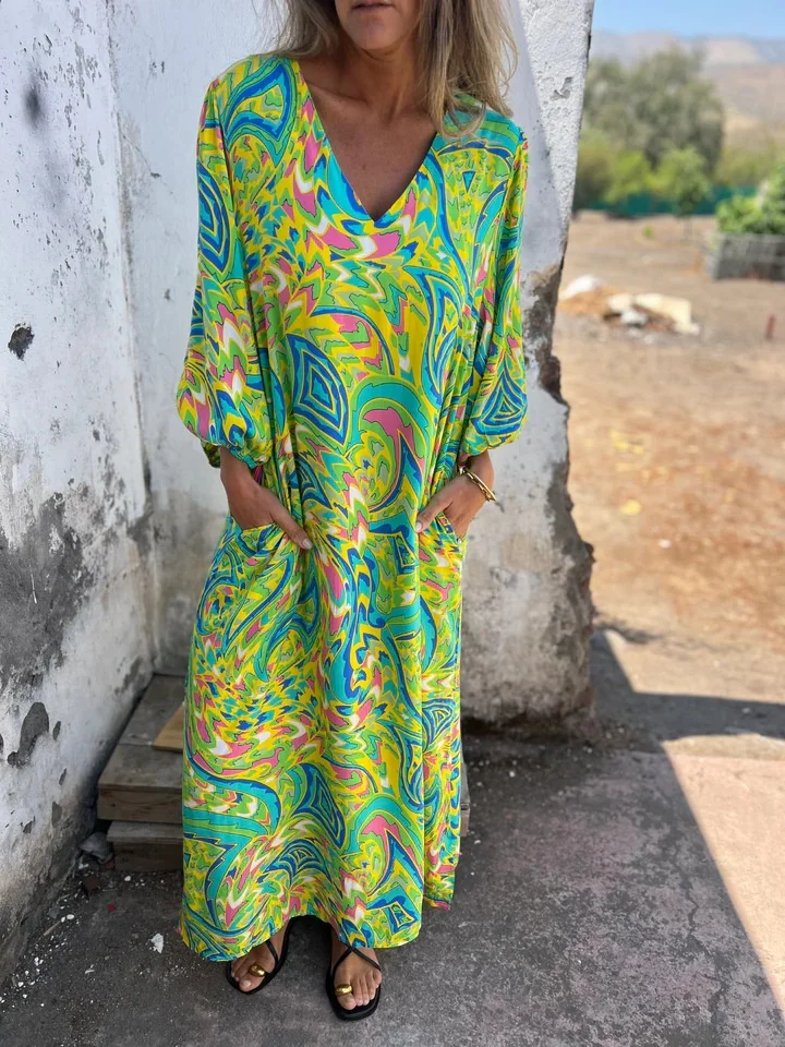 Women's Long Sleeve Spring/Fall Army Green Floral Split Joint V Neck Balloon Sleeve Daily Going Out Vintage Maxi A-Line T-Shirt Dress Dress