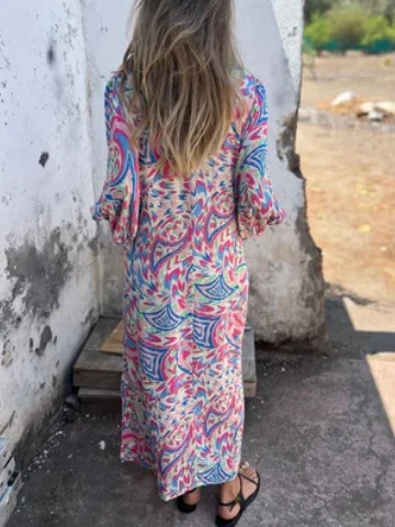 Women's Long Sleeve Spring/Fall Army Green Floral Split Joint V Neck Balloon Sleeve Daily Going Out Vintage Maxi A-Line T-Shirt Dress Dress