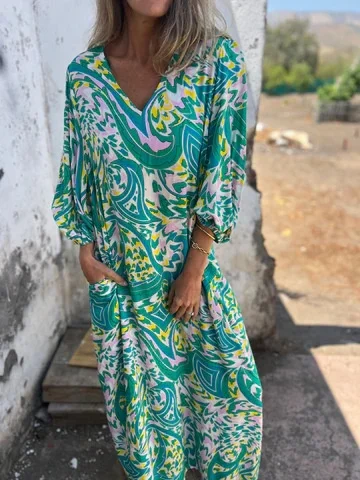 Women's Long Sleeve Spring/Fall Army Green Floral Split Joint V Neck Balloon Sleeve Daily Going Out Vintage Maxi A-Line T-Shirt Dress Dress