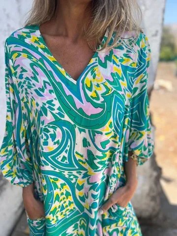 Women's Long Sleeve Spring/Fall Army Green Floral Split Joint V Neck Balloon Sleeve Daily Going Out Vintage Maxi A-Line T-Shirt Dress Dress