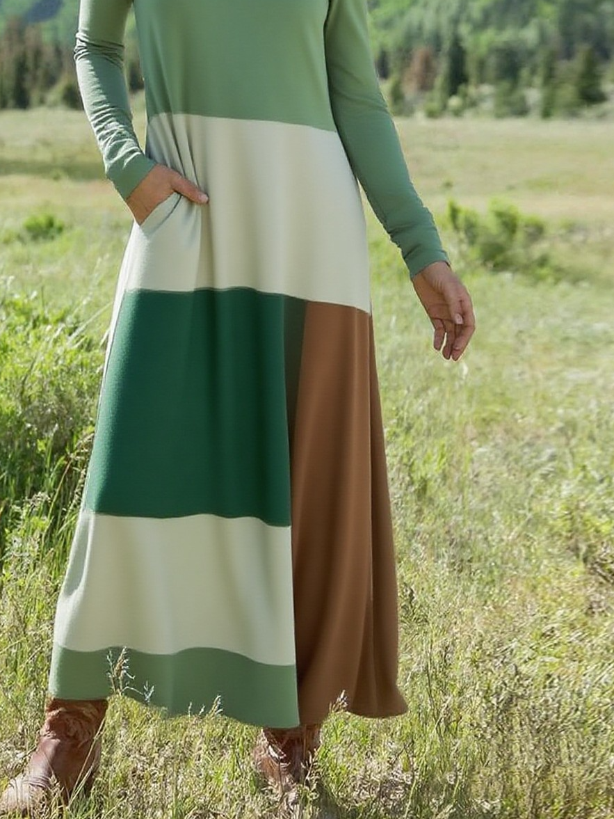 Crew Neck Vintage Loose Multicolor Block Dress With No