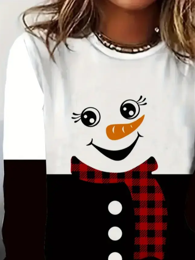Women's Long Sleeve T-shirt Spring/Fall Black-white Christmas Snowman Printing Jersey Crew Neck Daily Going Out Casual Top
