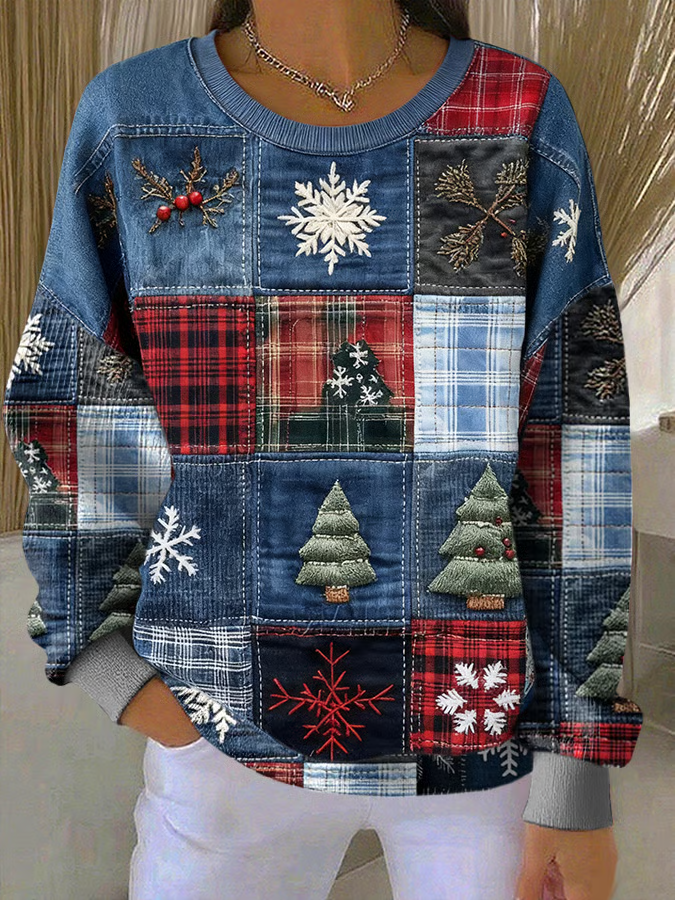 Crew Neck Christmas Tree Printing Casual Sweatshirt