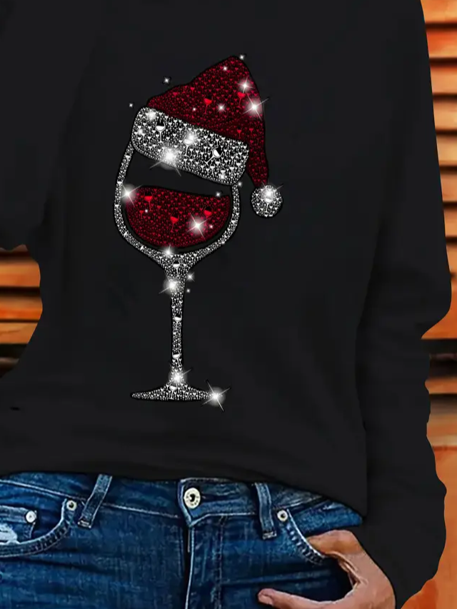 Women's Long Sleeve T-shirt Spring/Fall Black Christmas Printing Jersey Crew Neck Daily Going Out Casual Top