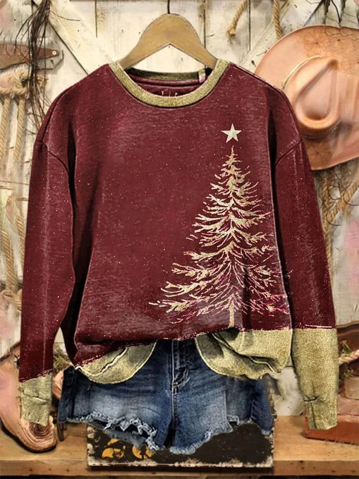 Casual Christmas Tree Printing Loose Sweatshirt