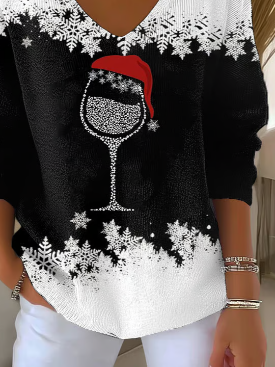 Women's Long Sleeve T-shirt Spring/Fall Black Christmas Printing V Neck Daily Going Out Casual Top