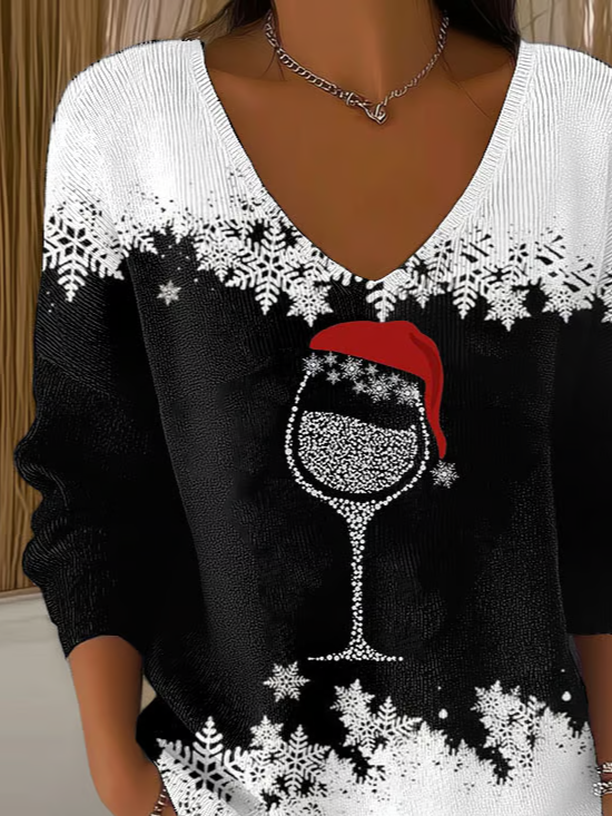 Women's Long Sleeve T-shirt Spring/Fall Black Christmas Printing V Neck Daily Going Out Casual Top
