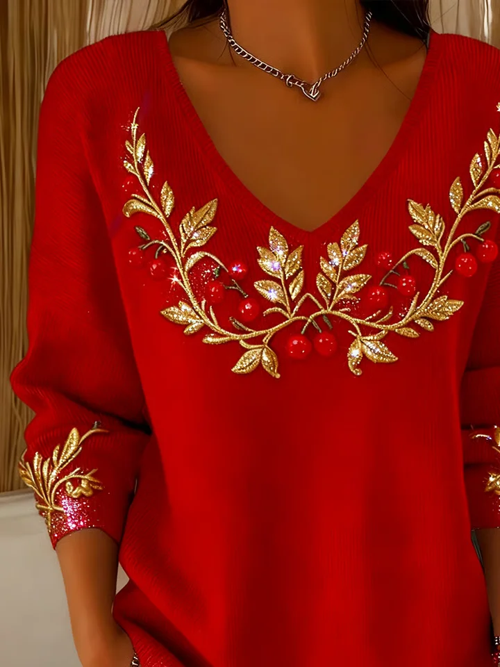 Women's Long Sleeve T-shirt Spring/Fall Red Christmas Printing V Neck Daily Going Out Casual Top