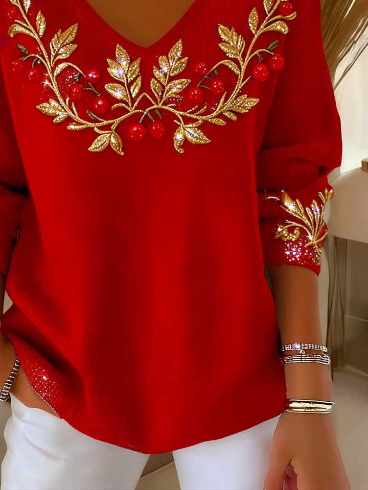 Women's Long Sleeve T-shirt Spring/Fall Red Christmas Printing V Neck Daily Going Out Casual Top