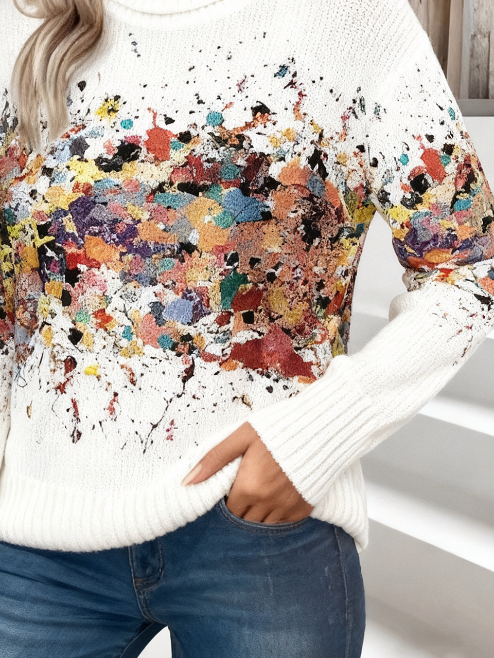 Casual Turtleneck Gradient Pattern Loose Sweater