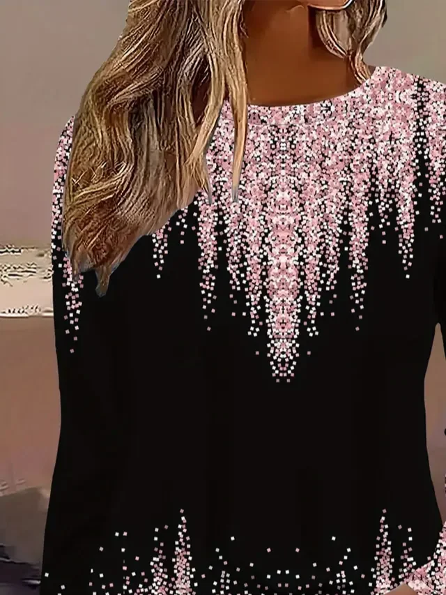 Women's Long Sleeve T-shirt Spring/Fall Black Abstract Printing Jersey Crew Neck Daily Going Out Casual Top