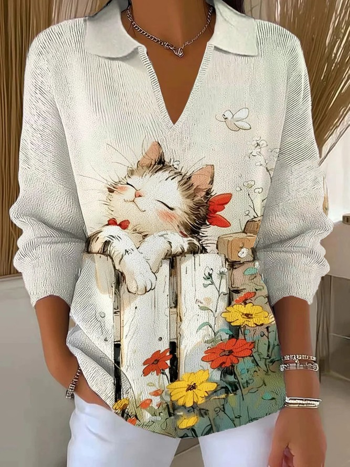 V Neck Loose Animal Picture Vintage Sweater