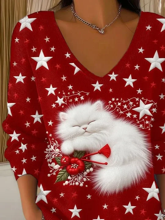 Women's Long Sleeve T-shirt Spring/Fall Red Christmas Printing V Neck Daily Going Out Casual Top