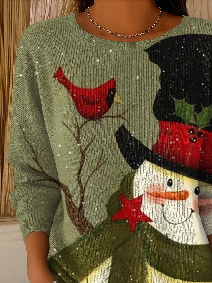 Crew Neck Casual Christmas Snowman Printing Sweater