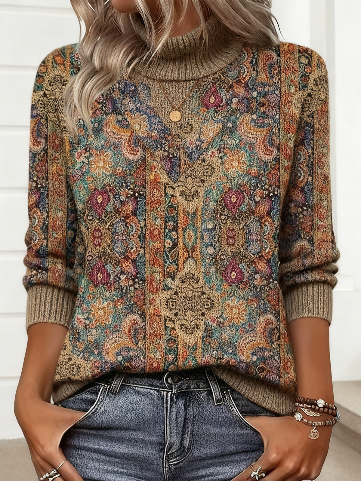 Vintage Geometric Turtleneck Loose Sweater