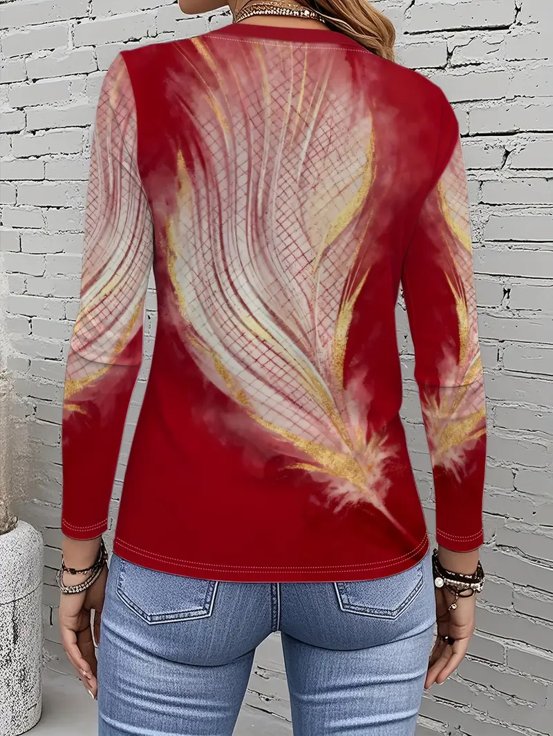 Women's Long Sleeve T-shirt Spring/Fall Red Abstract Printing Jersey Crew Neck Daily Going Out Casual Top
