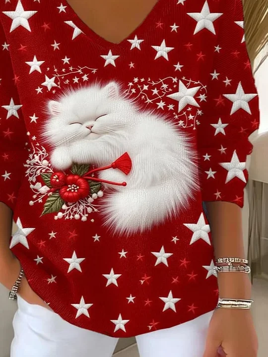 Women's Long Sleeve T-shirt Spring/Fall Red Christmas Printing V Neck Daily Going Out Casual Top
