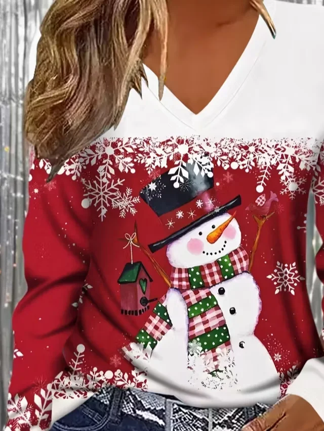 Women's Long Sleeve T-shirt Spring/Fall Red Christmas Snowman Printing Jersey V Neck Daily Going Out Casual Top