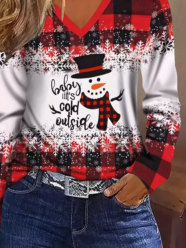 Women's Long Sleeve T-shirt Spring/Fall Red Christmas Snowman Printing Jersey V Neck Daily Going Out Casual Top