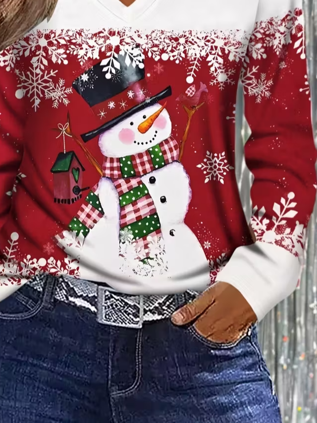 Women's Long Sleeve T-shirt Spring/Fall Red Christmas Snowman Printing Jersey V Neck Daily Going Out Casual Top