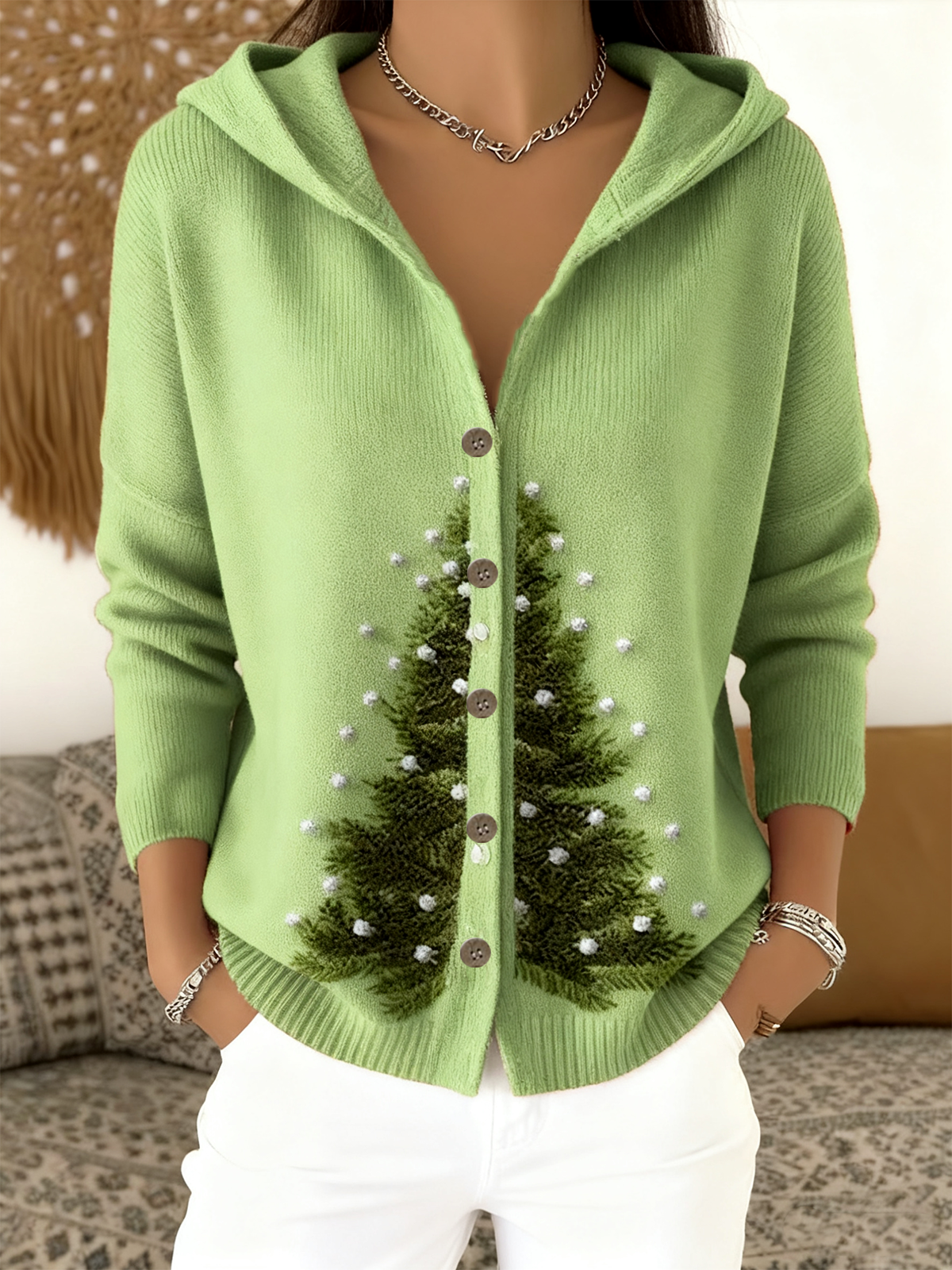 Simple Hoodie Wool/Knitting Christmas Tree Cardigan