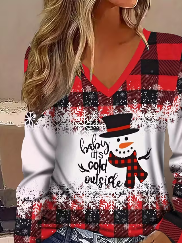 Women's Long Sleeve T-shirt Spring/Fall Red Christmas Snowman Printing Jersey V Neck Daily Going Out Casual Top