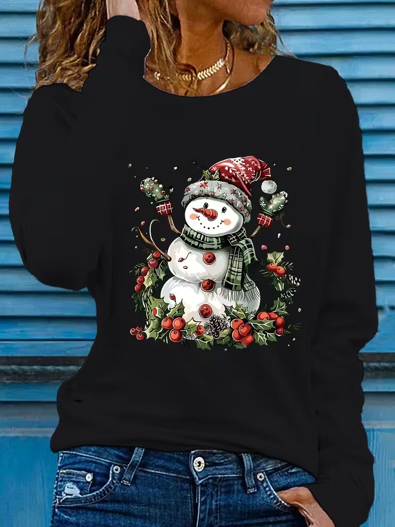 Women's Long Sleeve T-shirt Spring/Fall White Christmas Printing Jersey Crew Neck Daily Going Out Casual Top