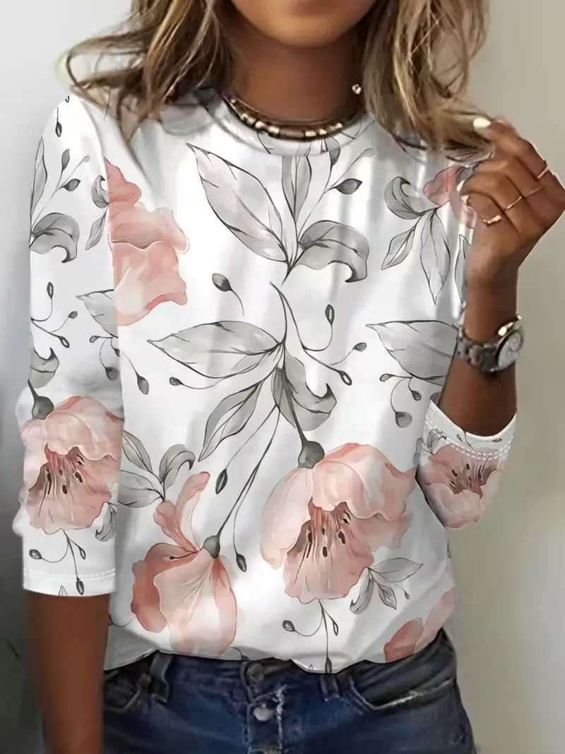 Women's Long Sleeve T-shirt Spring/Fall White Floral Printing Jersey Crew Neck Daily Going Out Casual Top