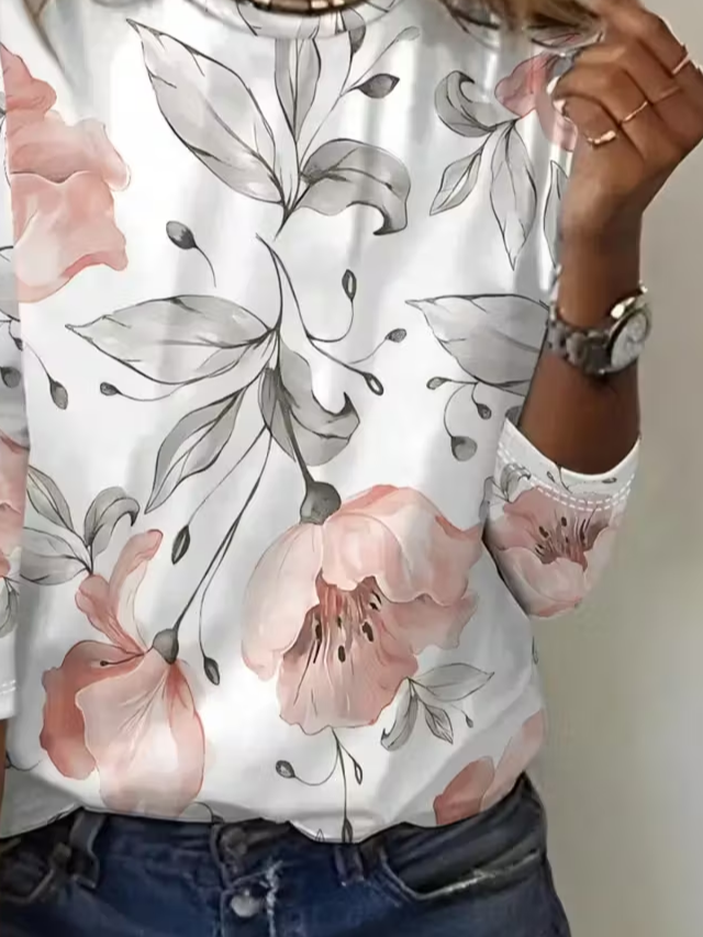 Women's Long Sleeve T-shirt Spring/Fall White Floral Printing Jersey Crew Neck Daily Going Out Casual Top
