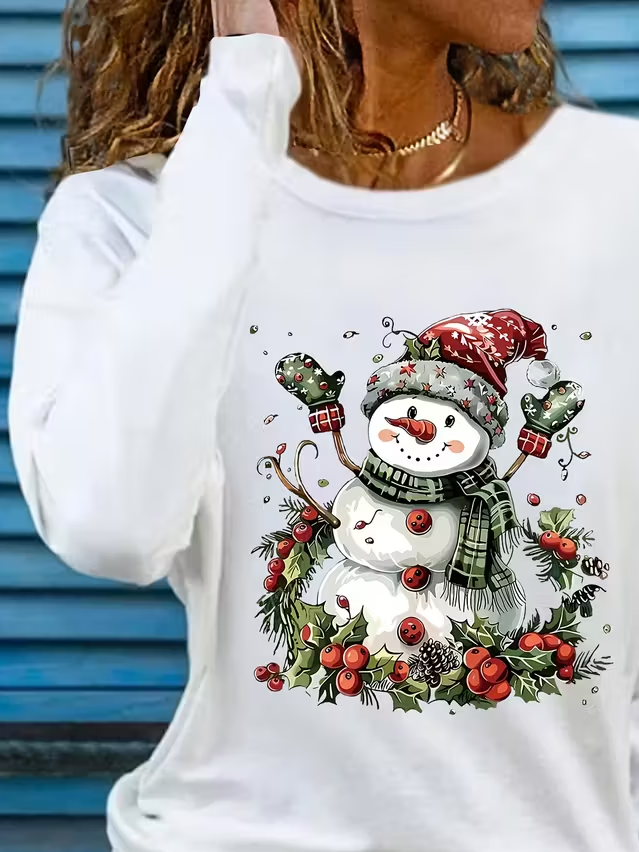 Women's Long Sleeve T-shirt Spring/Fall White Christmas Printing Jersey Crew Neck Daily Going Out Casual Top
