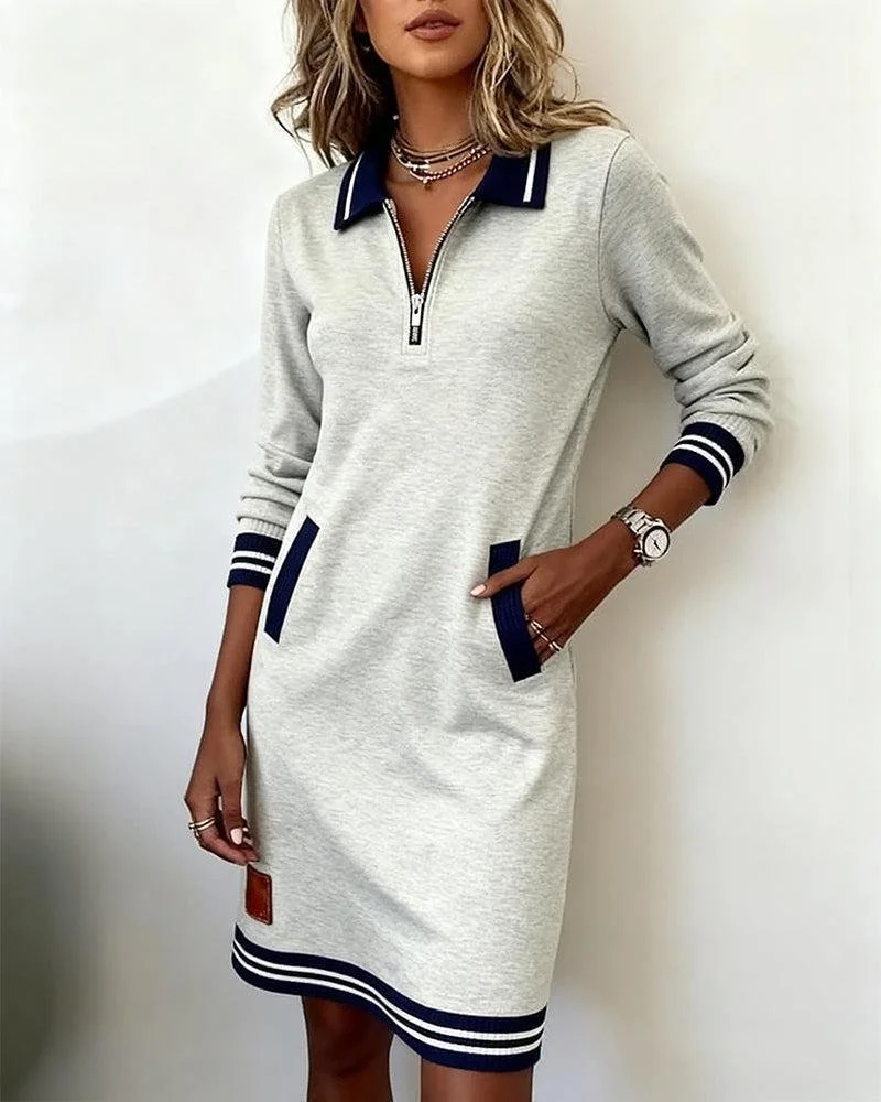 Multicolor Block Shawl Collar Casual Loose Dress With No