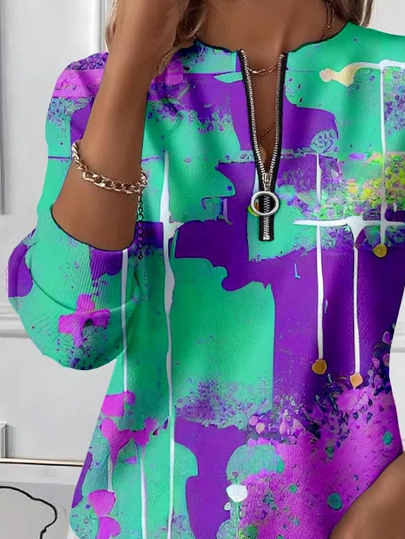 Women's Abstract Print Casual Zipper Long Sleeve Sweatshirt