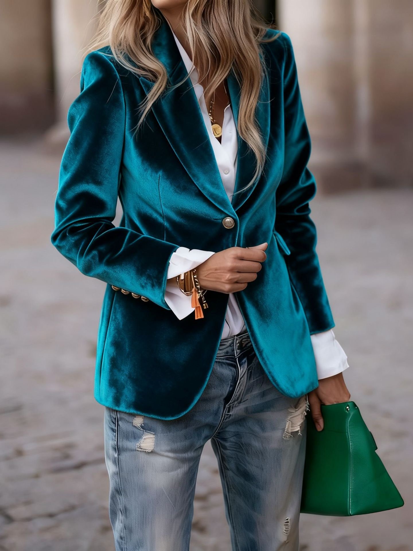 Pleuche Dressy Split Joint Lapel Collar Plain Blazer