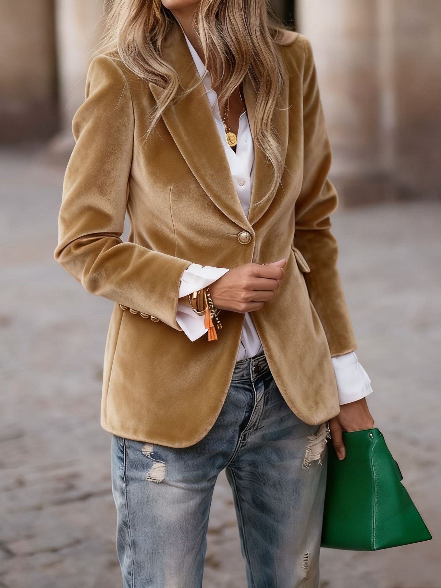 Pleuche Dressy Split Joint Lapel Collar Plain Blazer