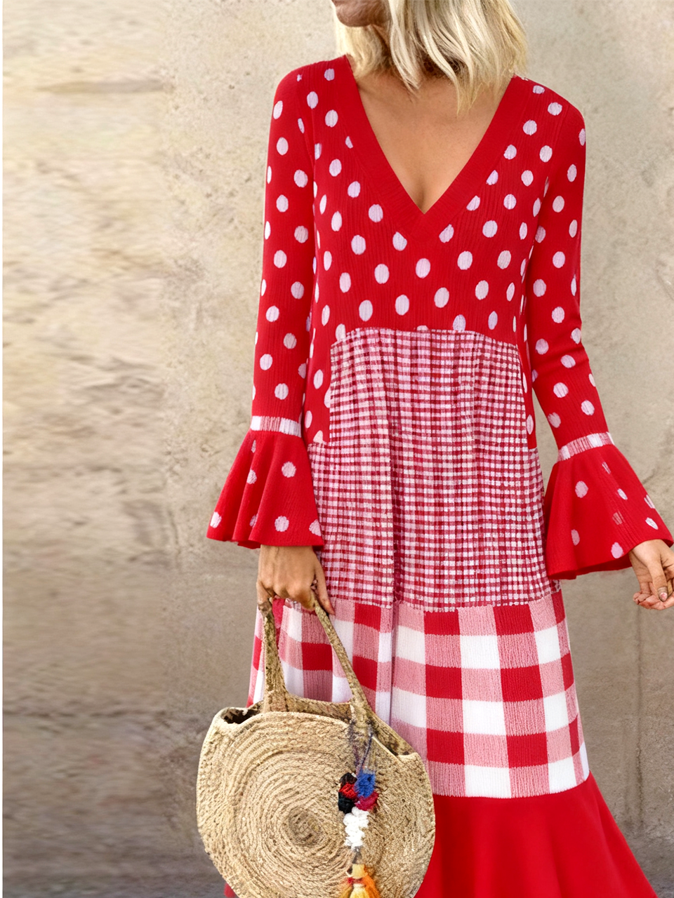 Regular Fit Knitted Sexy Geometric Sweater Dress With No