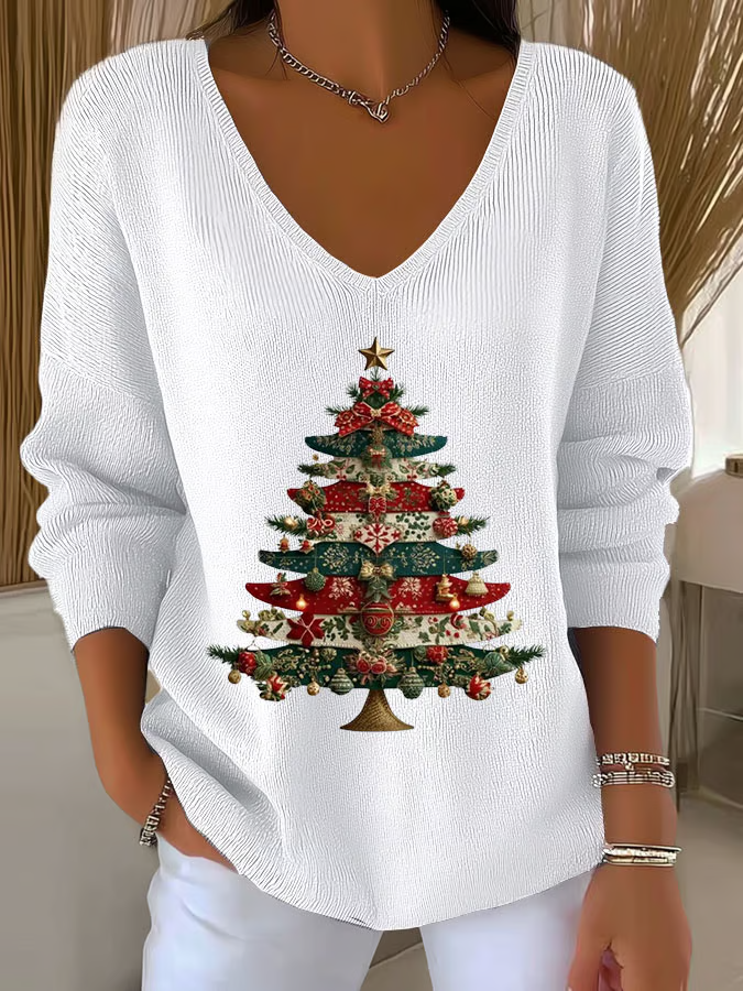 Women's Long Sleeve T-shirt Spring/Fall Red Christmas Printing V Neck Daily Going Out Casual Top