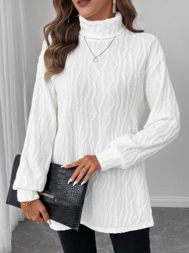 Women's Long Sleeve T-shirt Spring/Fall White Plain Embossed Turtleneck Daily Going Out Casual Top