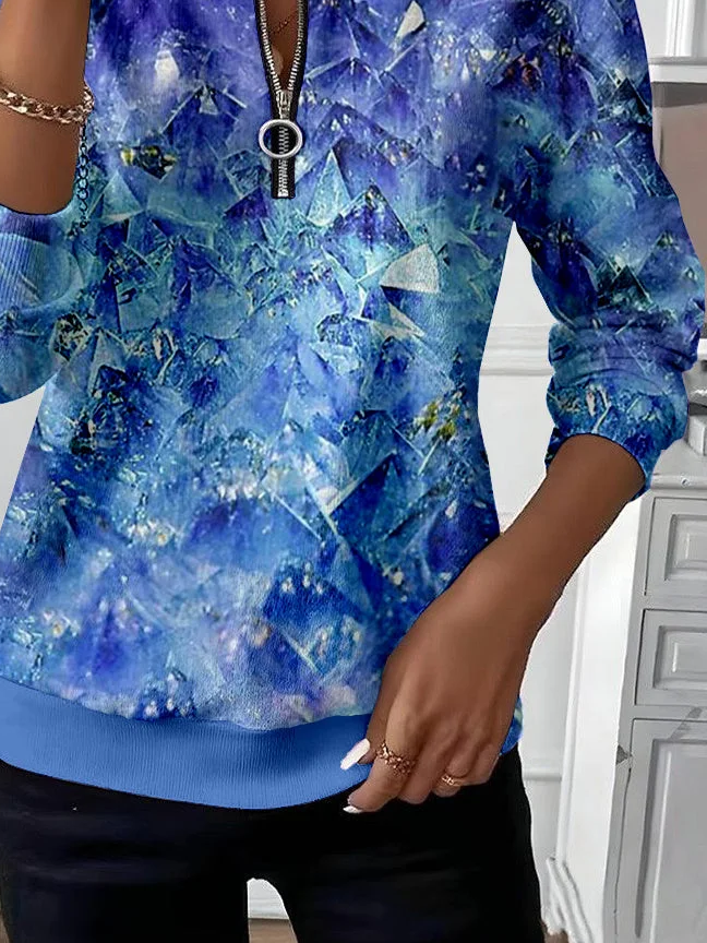 Women's Abstract Print Casual Zipper Long Sleeve Sweatshirt