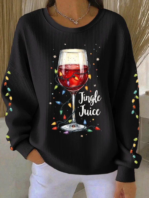 Casual Crew Neck Christmas Wine Glass Printing Sweatshirt