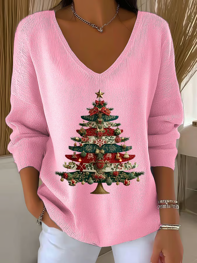 Women's Long Sleeve T-shirt Spring/Fall Red Christmas Printing V Neck Daily Going Out Casual Top