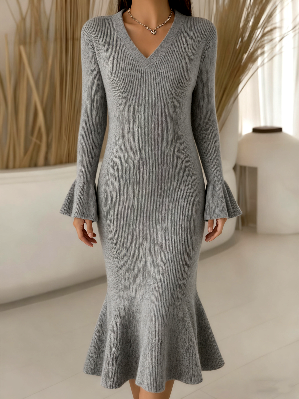 V Neck Sexy Knitted Sweater Dress With No