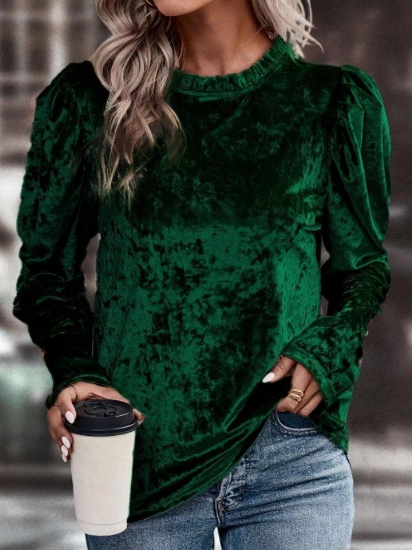 Women's Long Sleeve T-shirt Spring/Fall Wine Red Plain Split Joint Crew Neck Puff Sleeve Daily Going Out Vintage Top