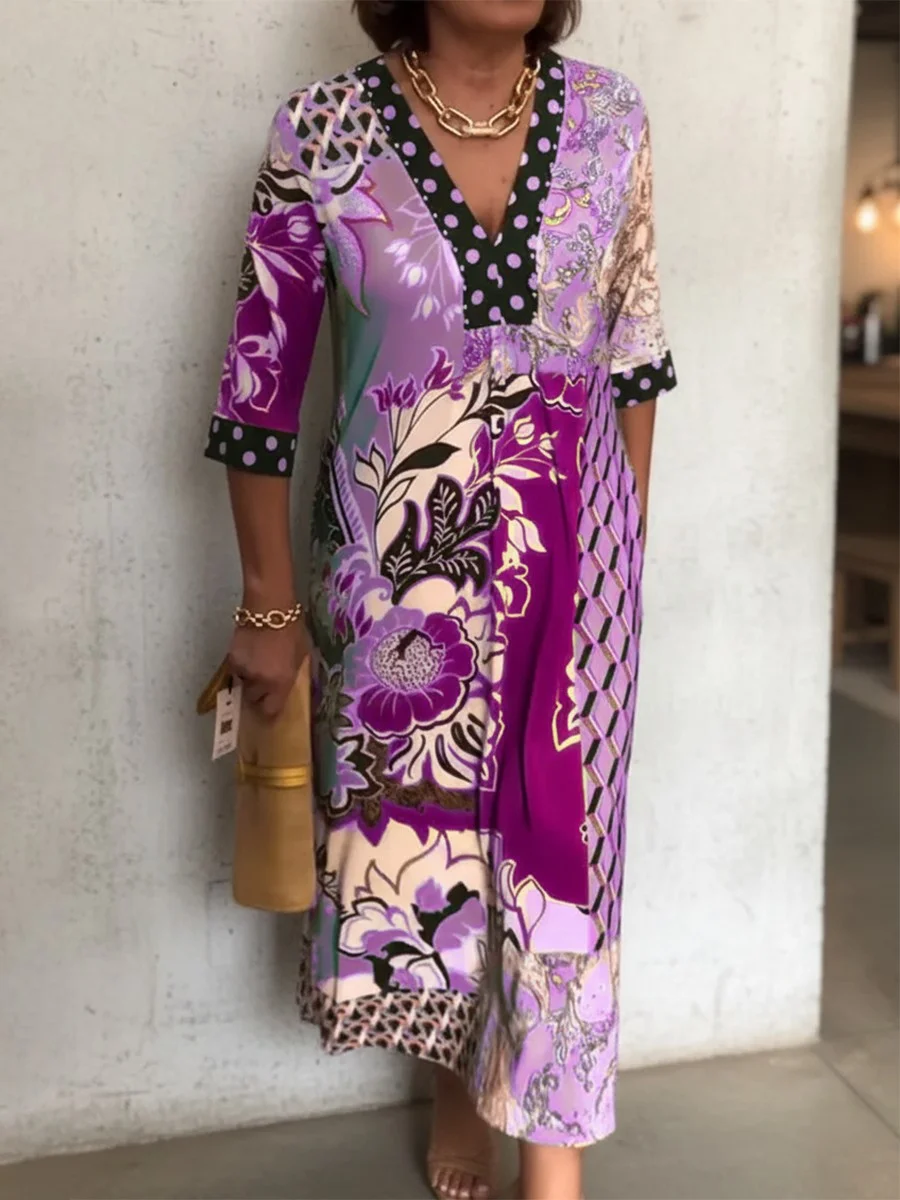V Neck Loose Multicolor Block Boho Dress With No