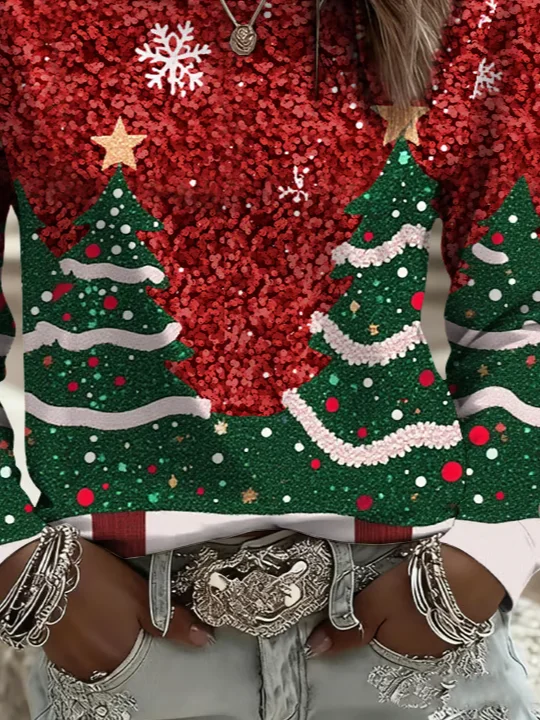 Women's Long Sleeve T-shirt Spring/Fall Red Christmas Printing Jersey Crew Neck Daily Going Out Casual Top