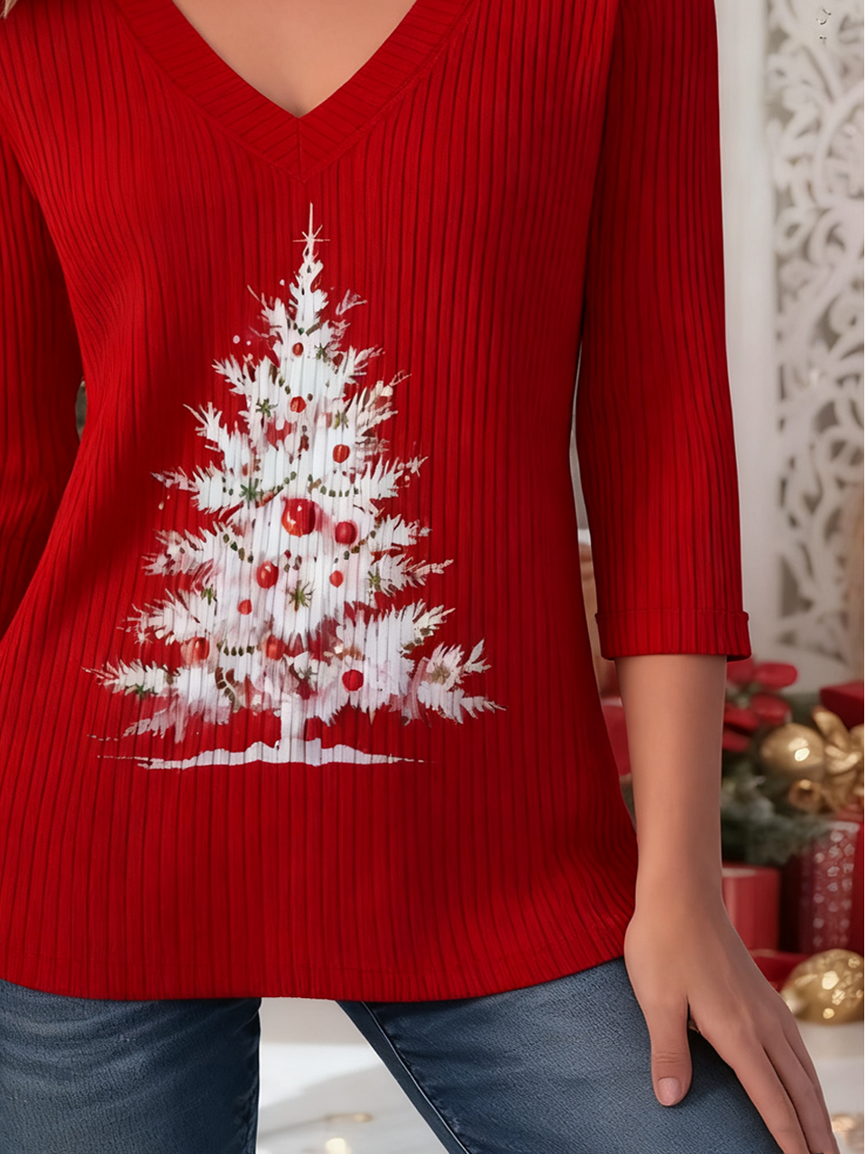 Casual Loose V Neck Christmas Knit Top