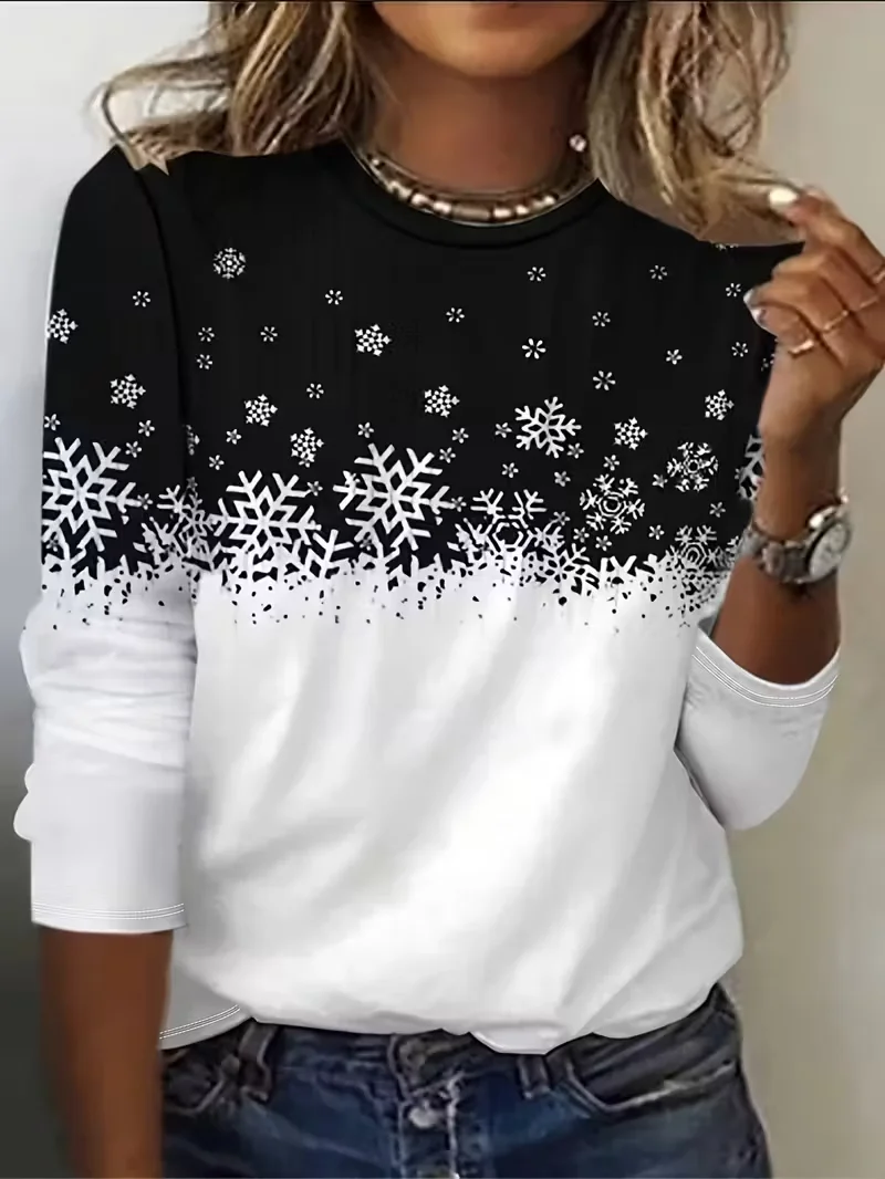 Women's Long Sleeve T-shirt Spring/Fall Black-white Christmas Printing Jersey Crew Neck Daily Going Out Casual Top