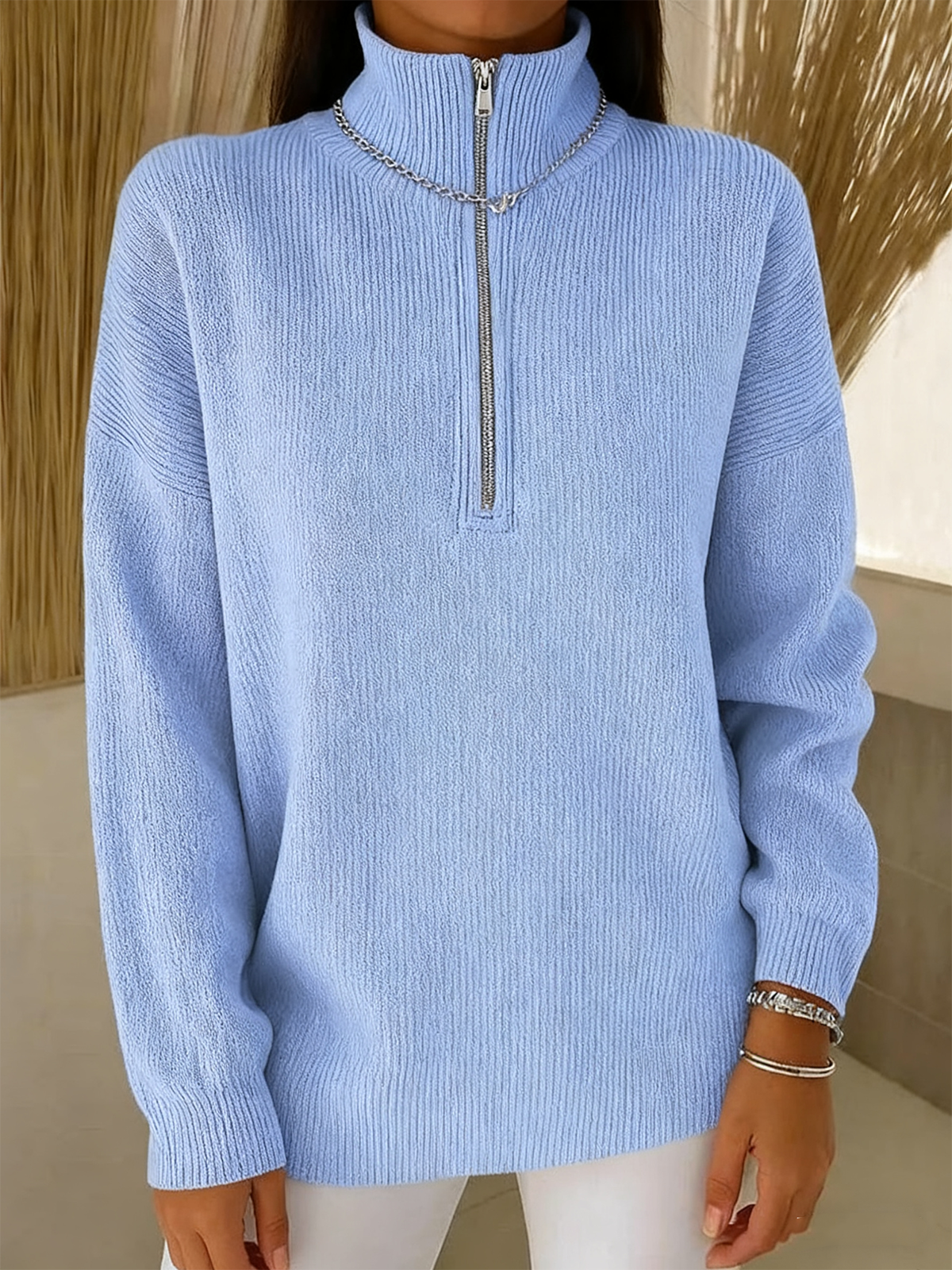 Mock Neck Plain Simple Loose Sweater