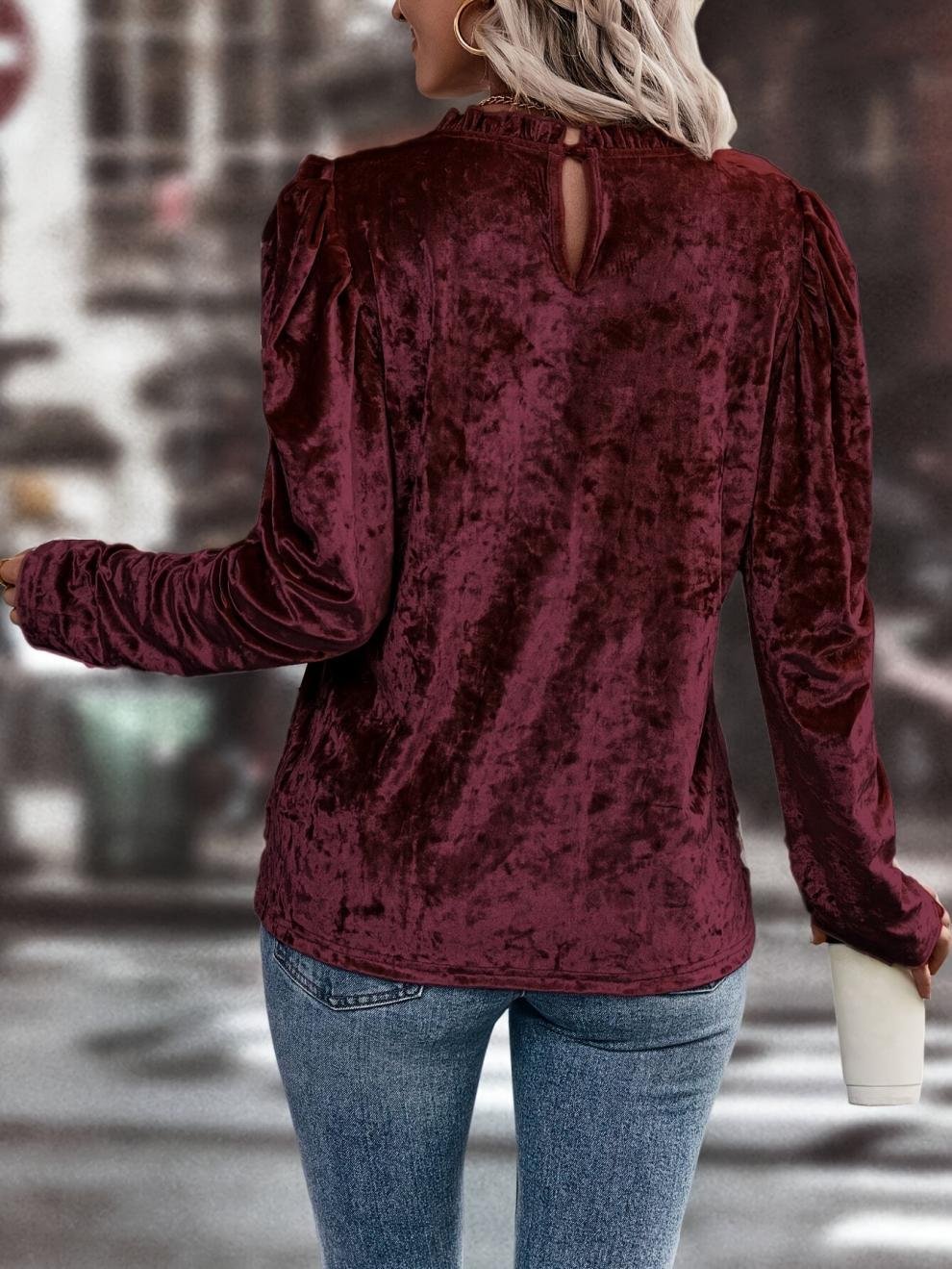 Women's Long Sleeve T-shirt Spring/Fall Wine Red Plain Split Joint Crew Neck Puff Sleeve Daily Going Out Vintage Top
