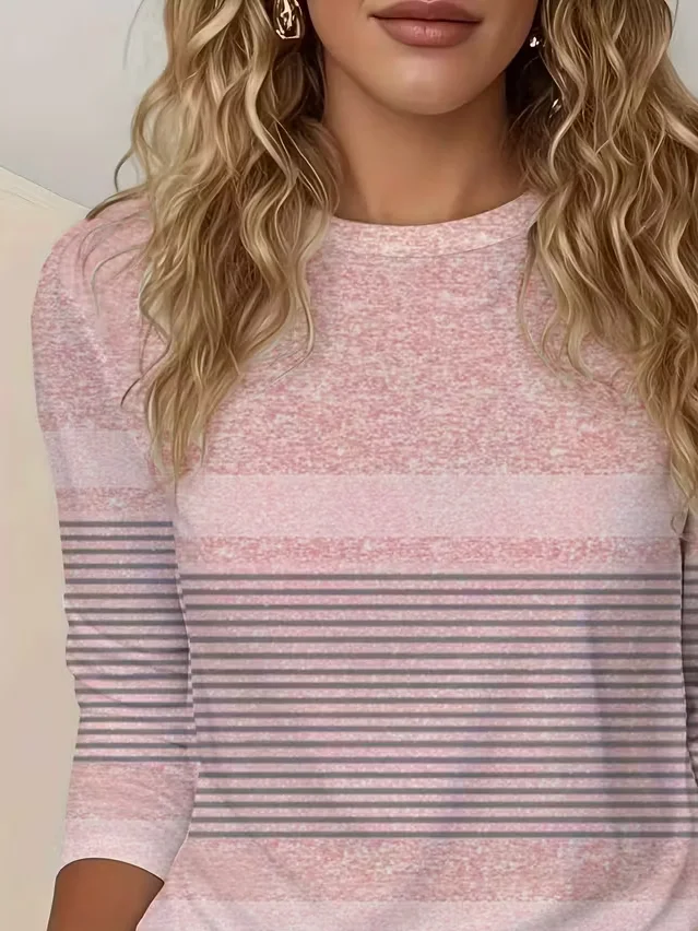 Women's Long Sleeve T-shirt Spring/Fall Pink Striped Printing Jersey Crew Neck Daily Going Out Casual Top