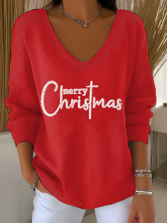 Women's Long Sleeve T-shirt Spring/Fall Red Christmas Printing V Neck Daily Going Out Casual Top